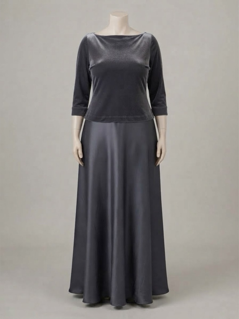 Tadashi Collection Gray Velvet Satin Maxi Gown Evening Dress Sz 14 Boat Neck